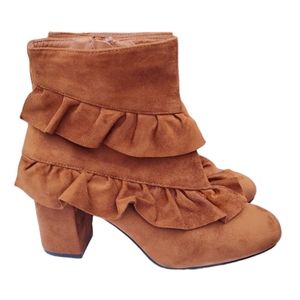 WEEBOO Cognac Faux Suede Ruffled Ankle Boots Size 10